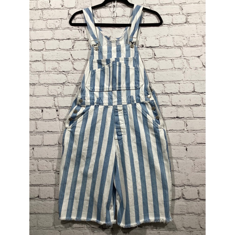 Denim Republic Striped Overall Shorts Blue White Vertical Stripe Raw Hem 5/6